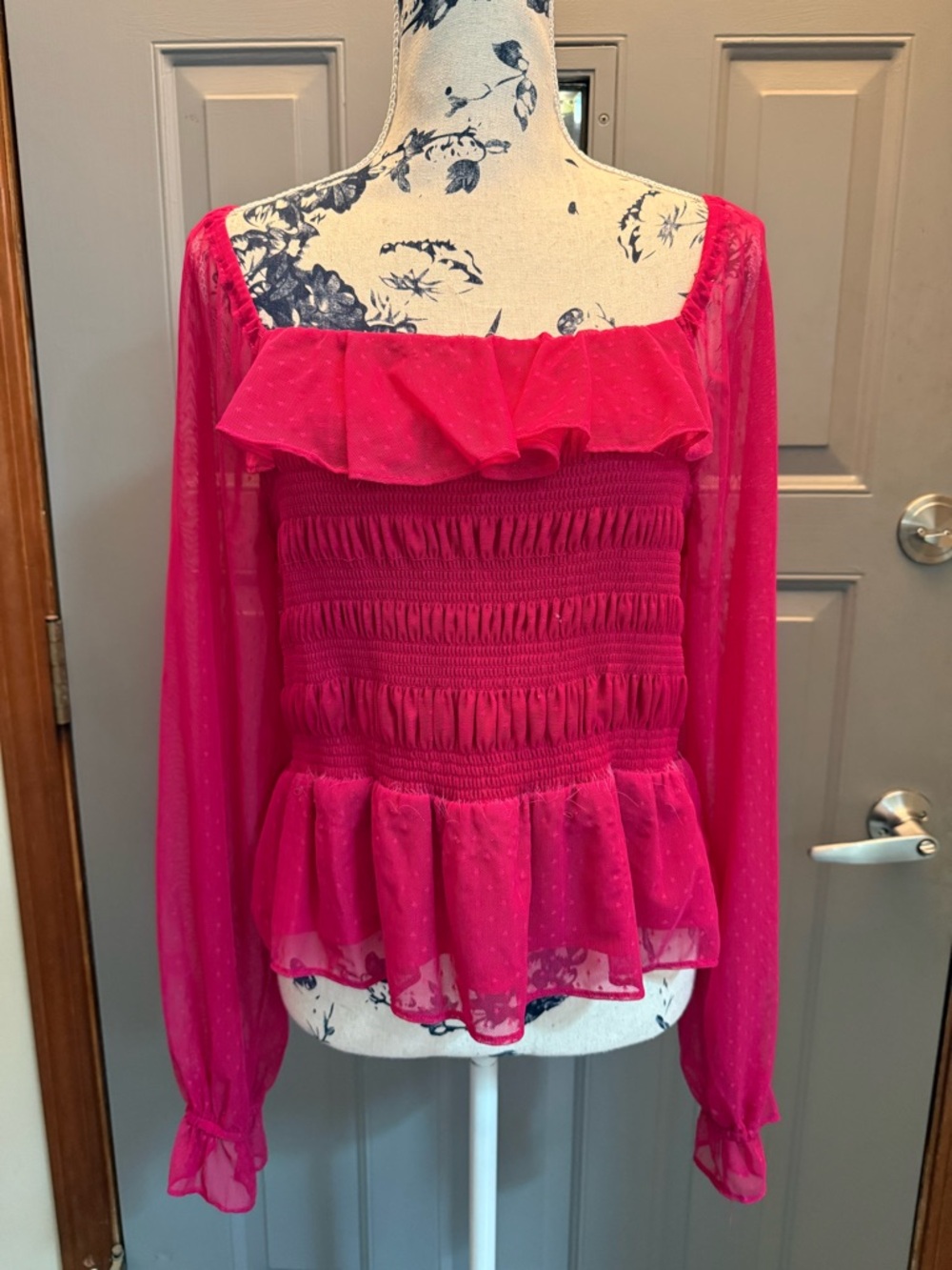 Sheer sleeve Ruffle Smocked Peplum Top - Hot Pink (Lauren Conrad) XL